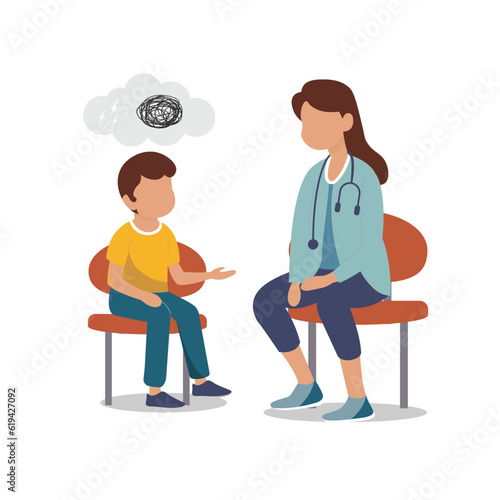 Overcome psychotherapy scene between boy and psychiatrist flat vector illustration.
