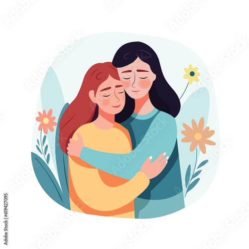  Woman try to comfort her best friend from stress and sad, vector character illustration