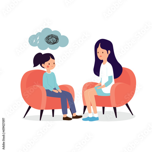 Overcome psychotherapy scene between girl and psychiatrist flat vector illustration.