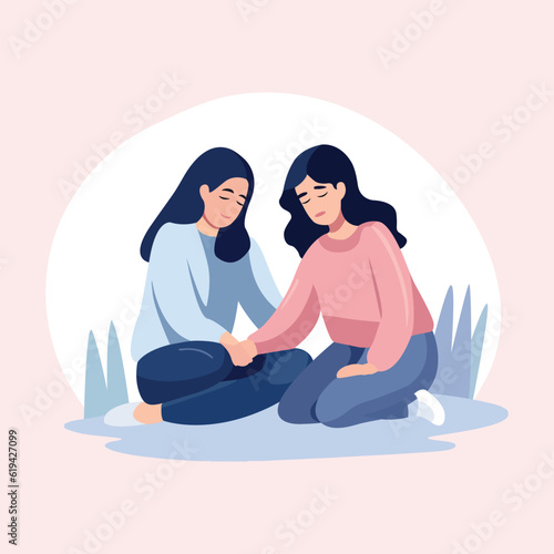  Woman try to comfort her best friend from stress and sad, vector character illustration