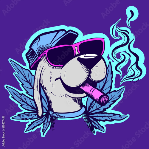 Illustration of a smoked junkie dog smoking a cigarette and wearing a pair of sunglasses. Vector of a pet with cannabis leaves around it