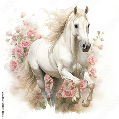 a magnificent white horse gallops through a meadow of flowers. cute watercolor clipart. Template. Close-up. Clip art. © innluga