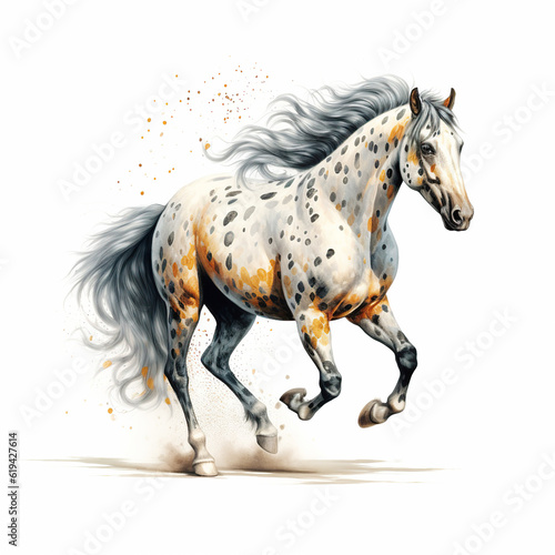 A beautiful spotted horse going in the field on a white background, watercolor painting