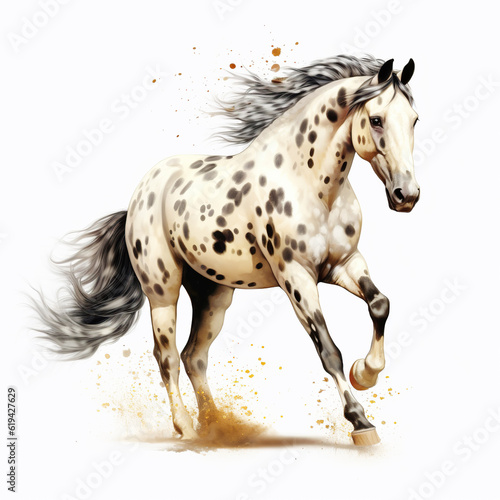 A beautiful spotted horse going in the field on a white background, watercolor painting