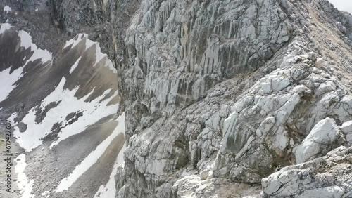 Drone shot, flying over mountains, Alpine panorama, aerial view, Wettersteingrad with Partenkirchner Dreitorspitze, Wetterstein Mountains, Garmisch-Partenkirchen, Bavaria, Germany, Europe photo