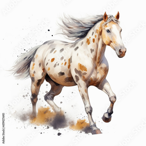 A beautiful spotted horse going in the field on a white background  watercolor painting