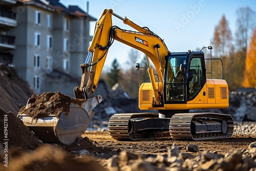 Construction Site Backhoe Excavator. Generative AI