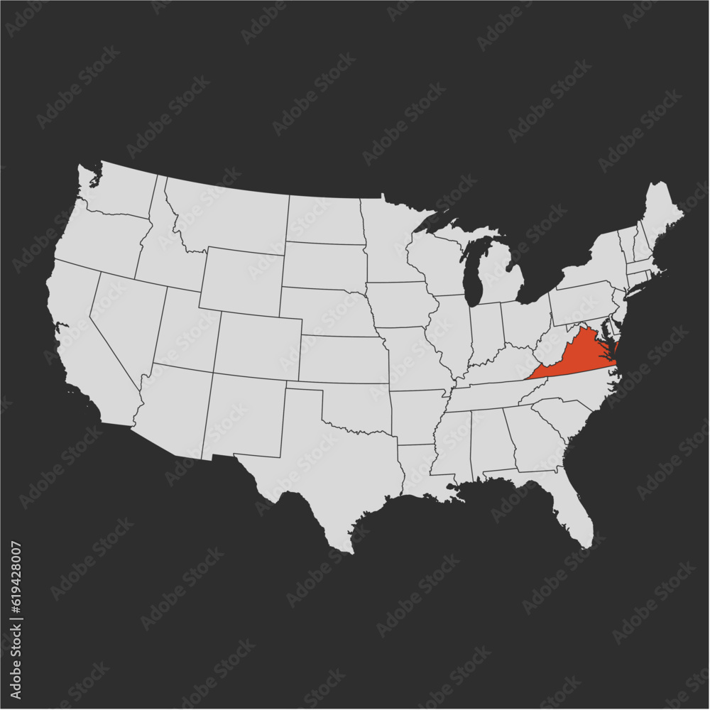 Vector map of the state of Virginia highlighted highlighted in red on a map of United States of America.