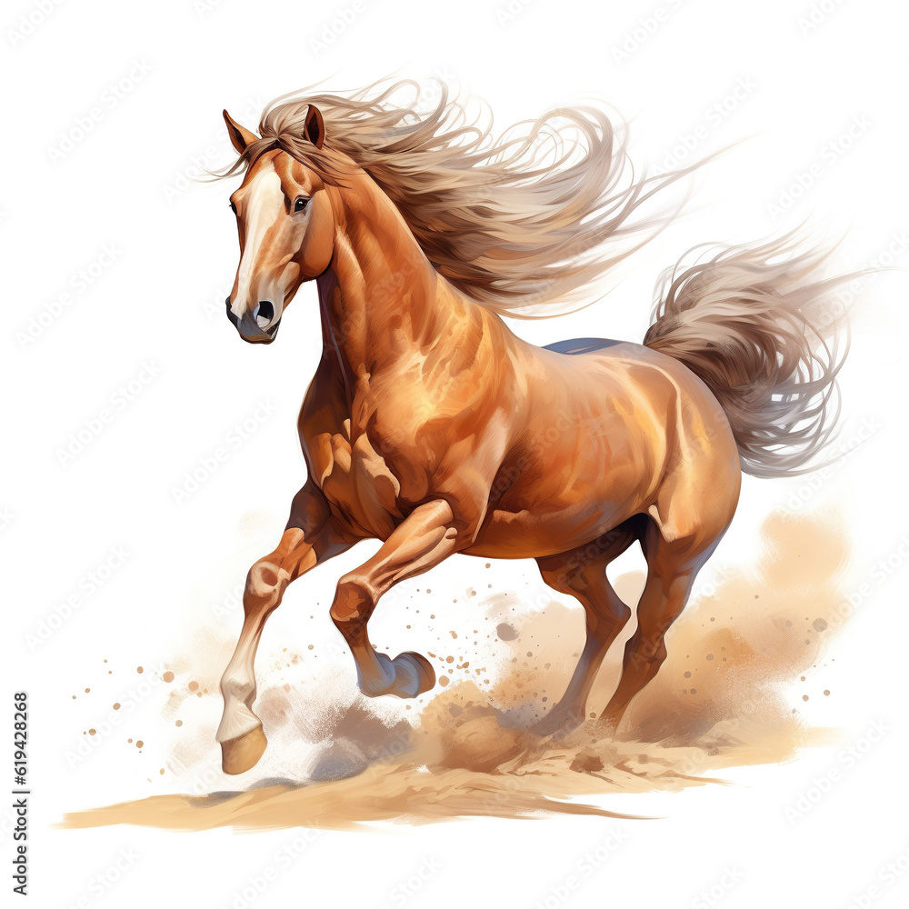 Naklejka premium Beautiful horse watercolor painting, a brown stallion galloping across a meadow or desert on a white background