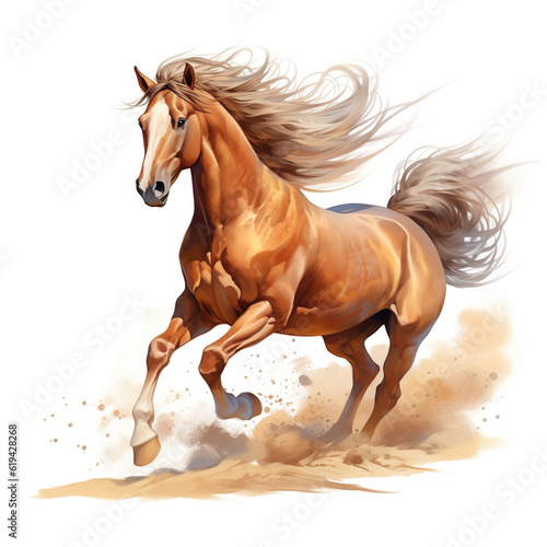 Beautiful horse watercolor painting, a brown stallion galloping across a meadow or desert on a white background © innluga