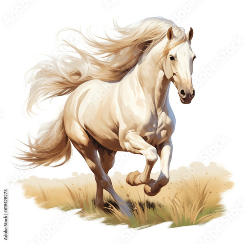 Beautiful horse watercolor painting  a brown stallion galloping across a meadow on a white background
