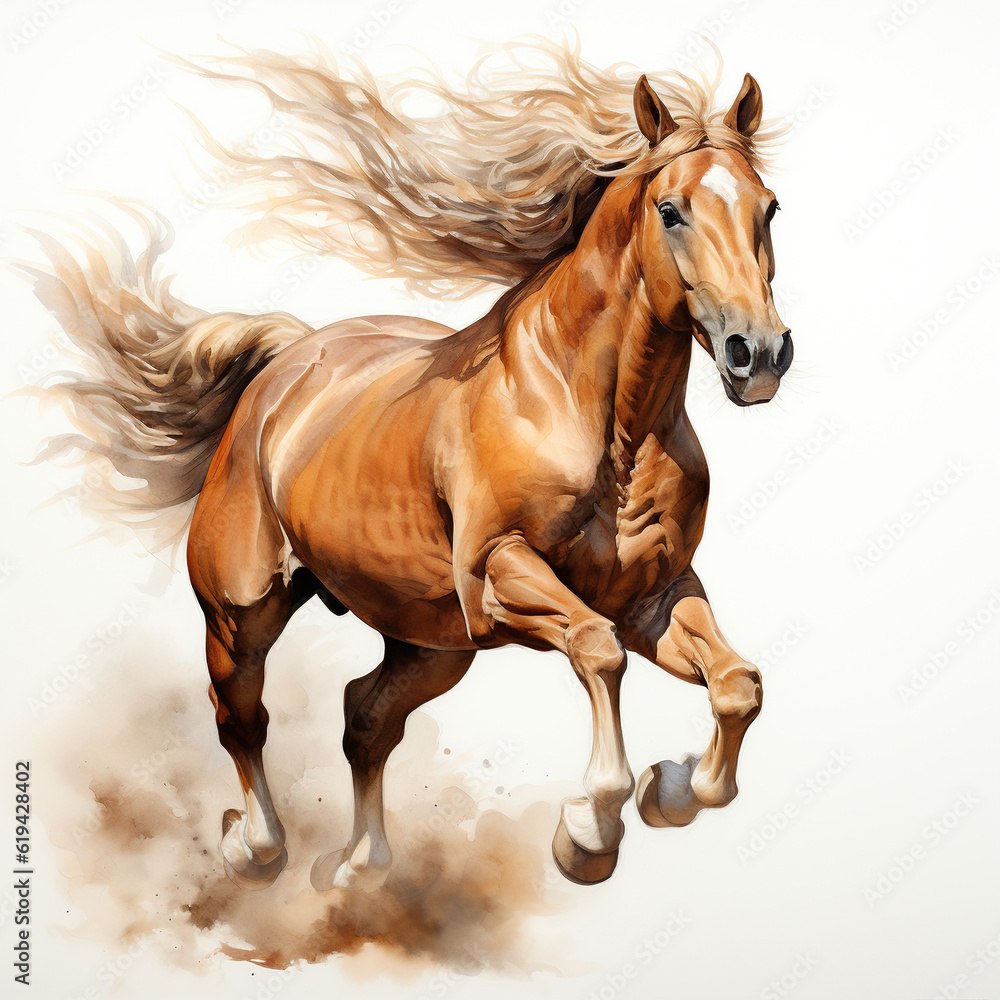 Obraz premium Beautiful horse watercolor painting, a brown stallion galloping across a meadow or desert on a white background