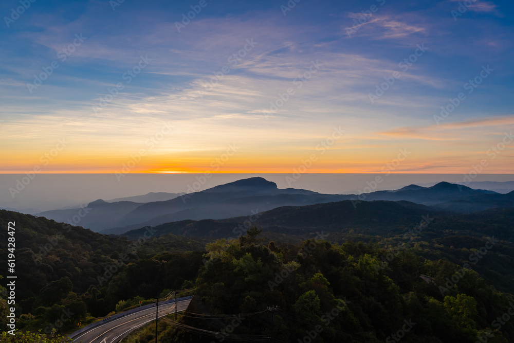 Beautiful landscape of the sunrise viewpoint which is the highest mountain of Thailand in the morning of the winter season at Doi Inthanon National Park, Chiang Mai, Thailand.