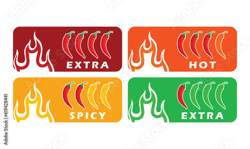 Spicy chili pepper hot fire flame icons. Extra, hot, spciy, mild spiciness level. vector spicy food level icons