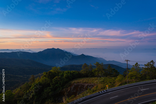 Beautiful landscape of the sunrise viewpoint which is the highest mountain of Thailand in the morning of the winter season at Doi Inthanon National Park, Chiang Mai, Thailand.