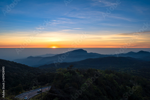 Beautiful landscape of the sunrise viewpoint which is the highest mountain of Thailand in the morning of the winter season at Doi Inthanon National Park, Chiang Mai, Thailand. © pomphotothailand