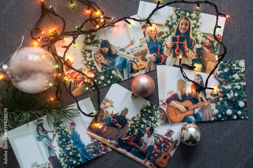 Naklejka premium Photos of family against Christmas lights decor background