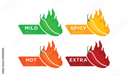 Spicy chili pepper hot fire flame icons. Extra, hot, spciy, mild spiciness level. vector spicy food level icons
