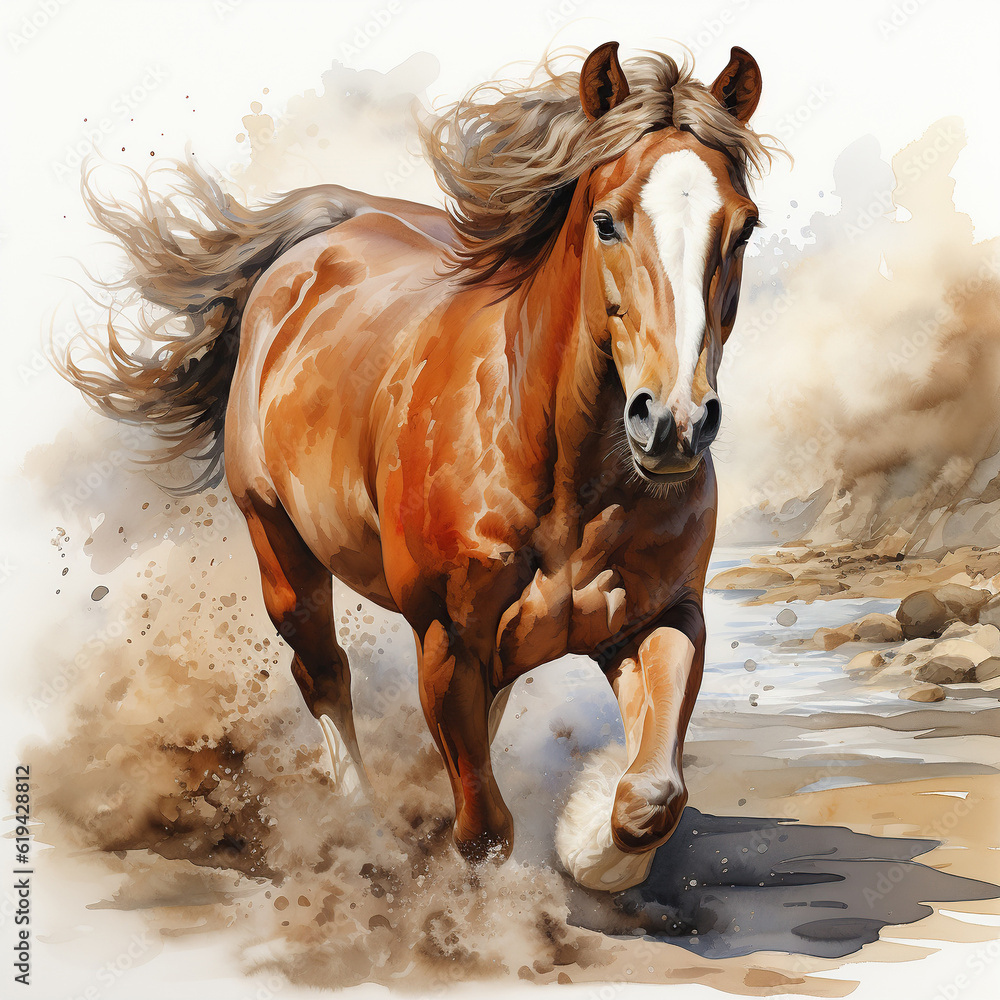 Obraz premium Beautiful horse watercolor painting, a brown stallion galloping across a meadow or desert.