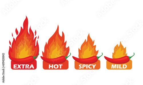 Spicy chili pepper hot fire flame icons. Extra, hot, spciy, mild spiciness level. vector spicy food level icons