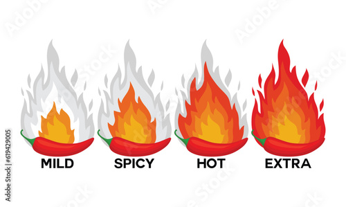 Spicy chili pepper hot fire flame icons. Extra, hot, spciy, mild spiciness level. vector spicy food level icons