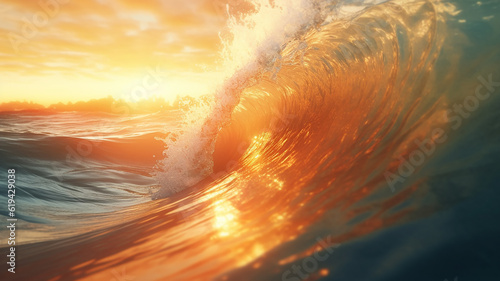 golden ocean wave at sunset. Generative AI