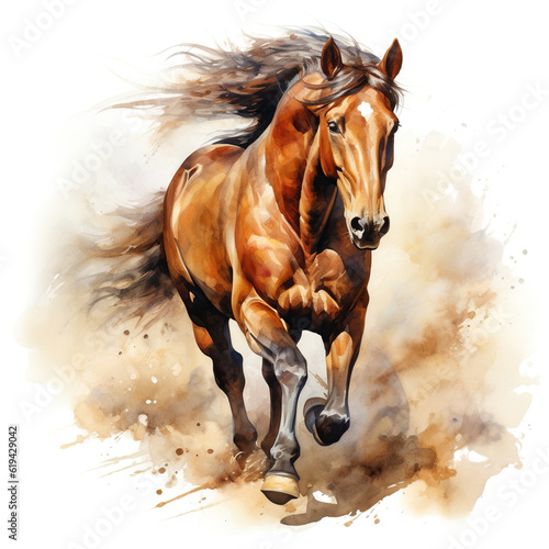 Beautiful horse watercolor painting, a brown stallion galloping across a meadow or desert.