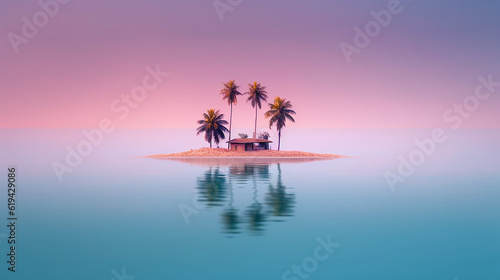 lonely little island with palm trees in the sea minimalism landscape. Generative AI