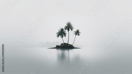 lonely little island with palm trees in the sea minimalism landscape. Generative AI