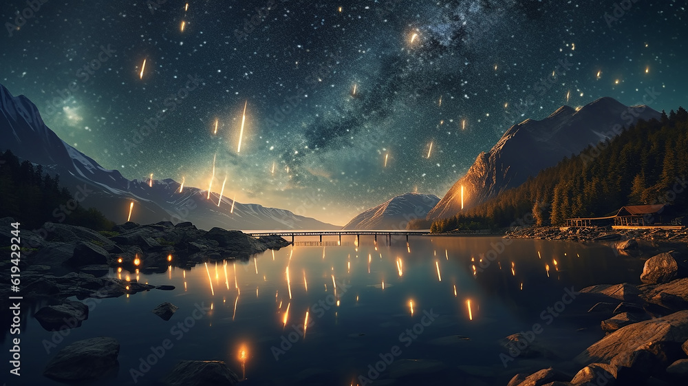 landscape meteor shower in the starry sky. Generative AI landscape meteor shower in the starry sky. Generative AI