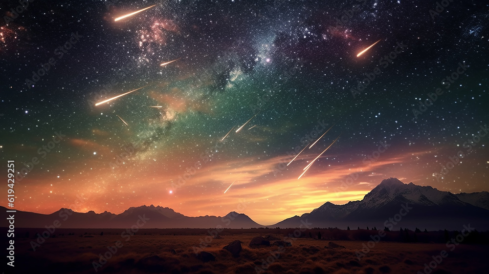 landscape meteor shower in the starry sky. Generative AI landscape meteor shower in the starry sky. Generative AI