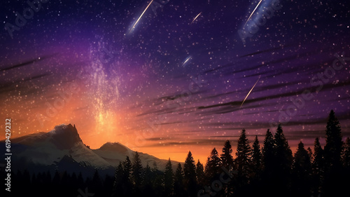 landscape meteor shower in the starry sky. Generative AI © kichigin19