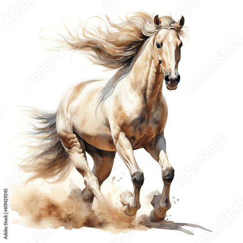 Beautiful horse watercolor painting  a stallion galloping across a meadow or desert on a white background