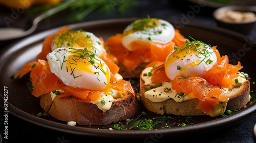 serving bruschetta breakfast eggs benedict and salmon. Generative AI photo
