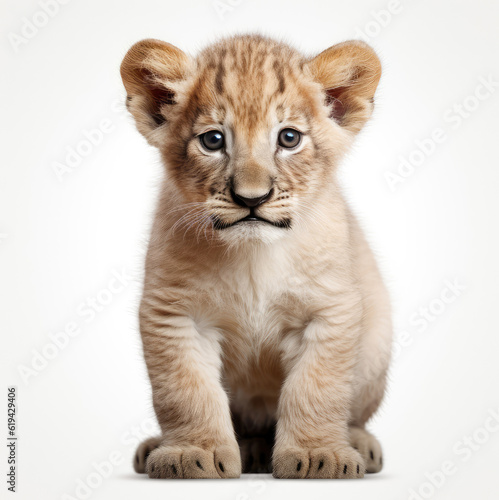 Close-up of a cute lion cub on white background