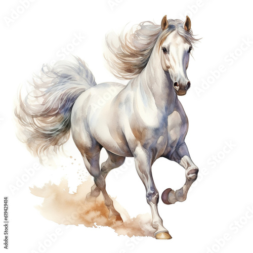 Beautiful horse watercolor painting, a white stallion galloping across a meadow or desert on a white background