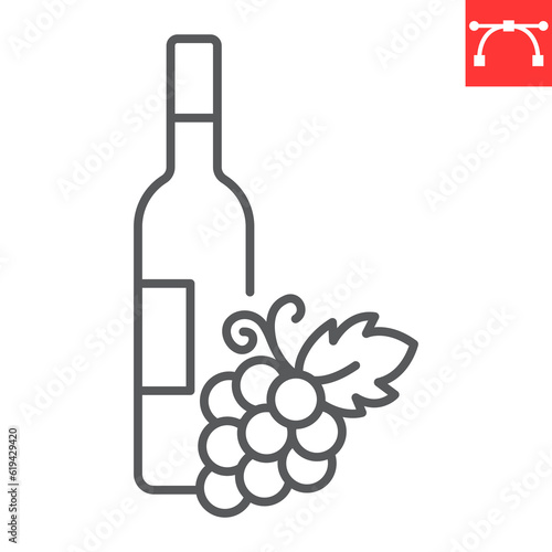 Wine bottle line icon, drink and alcohol, bottle with grape vector icon, vector graphics, editable stroke outline sign, eps 10.