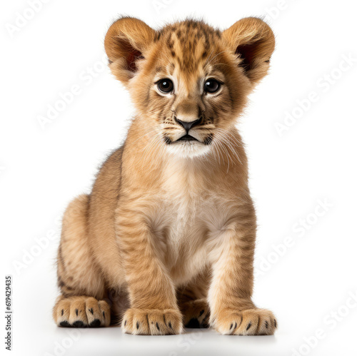 Close-up of a cute lion cub on white background