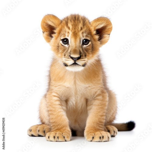 Close-up of a cute lion cub on white background