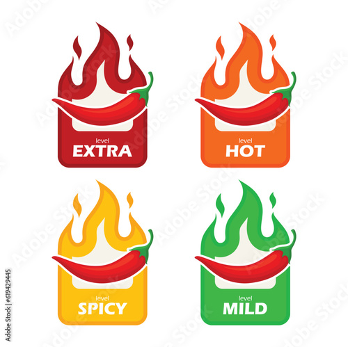 Spicy chili pepper hot fire flame icons. Extra, hot, spciy, mild spiciness level. vector spicy food level icons