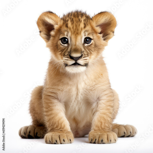 Close-up of a cute lion cub on white background