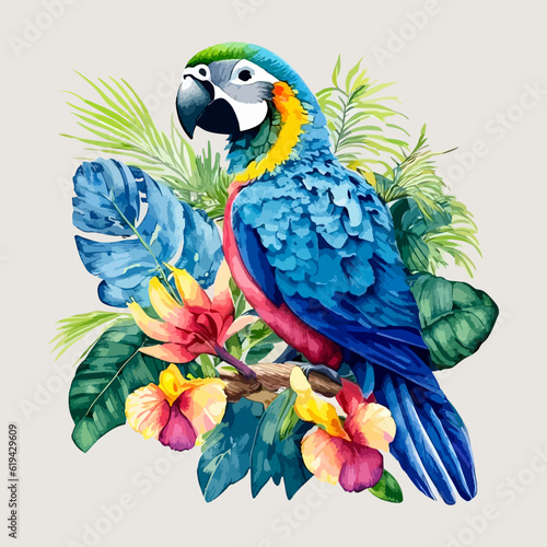 tropical  bird blue macaw with tropical flowers vector watercolor