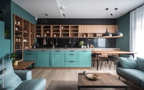 Turquoise Kitchen in Studio Apartment  Interior Design. Generative AI