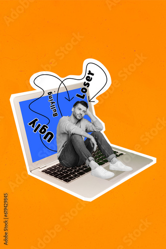 Photo collage minimal picture of sad unhappy guy getting bullying emails apple samsung device isolated orange color background