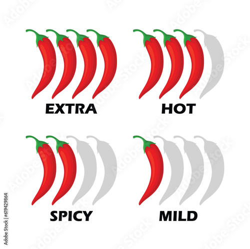 Spicy chili pepper hot fire flame icons. Extra, hot, spciy, mild spiciness level. vector spicy food level icons photo