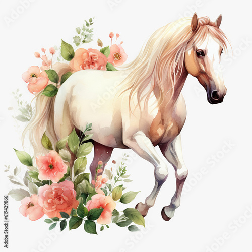 a magnificent horse on flowery meadow. cute watercolor clipart. sample. close up. clip-art.