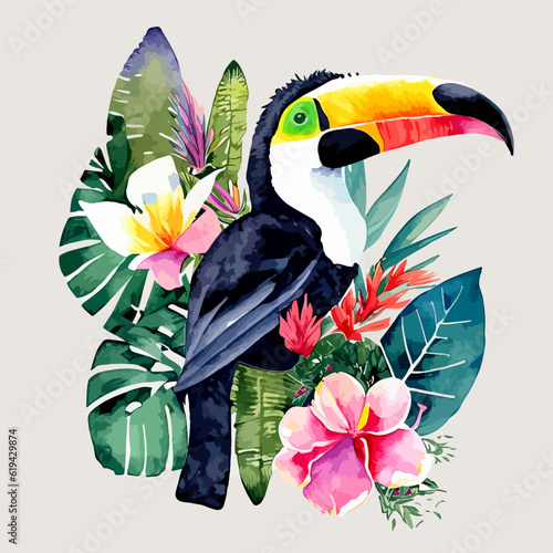 tropical bird toucan with tropical flowers vector watercolor