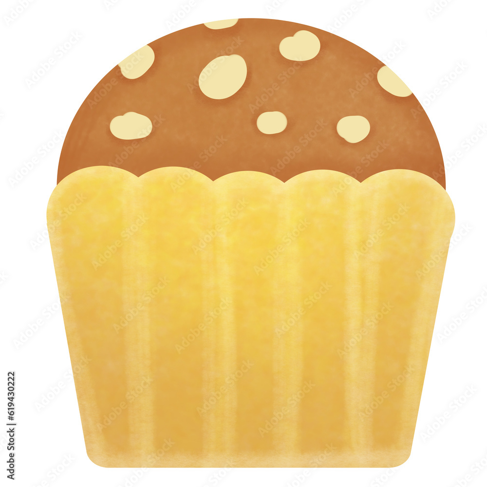 Drawing of banana cupcake with almond topping isolated on transparent background for usage as an illustration, food, snacks, bakery and eating concept