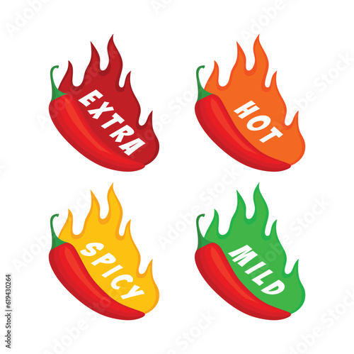 Spicy chili pepper hot fire flame icons. Extra, hot, spciy, mild spiciness level. vector spicy food level icons photo
