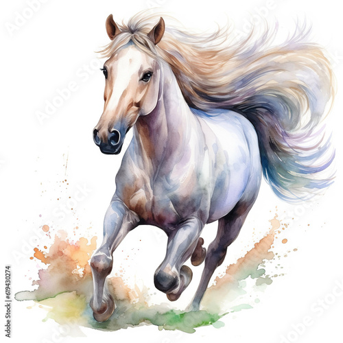Beautiful horse watercolor painting, a white stallion galloping across a meadow or desert.